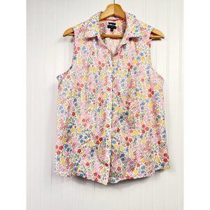 Talbots Top Womens 16 Petite Multicolor Floral No Iron Button Up Sleeveless